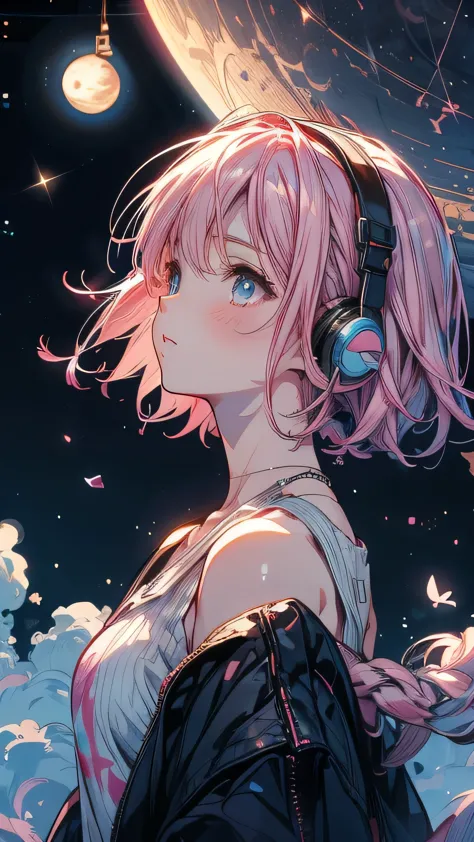 Pink Hair，Wearing a white tank top，night starry sky background，Sad expression，Double Tail,headphone,night,moon,Star,meteor,Looki...