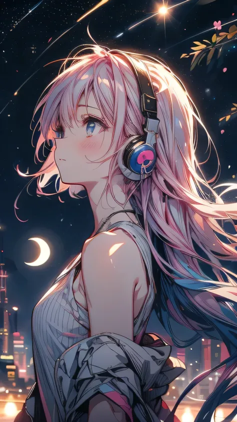 Pink Hair，Wearing a white tank top,Light clothing in summer，night starry sky background，Sad expression，Double Tail,headphone,nig...