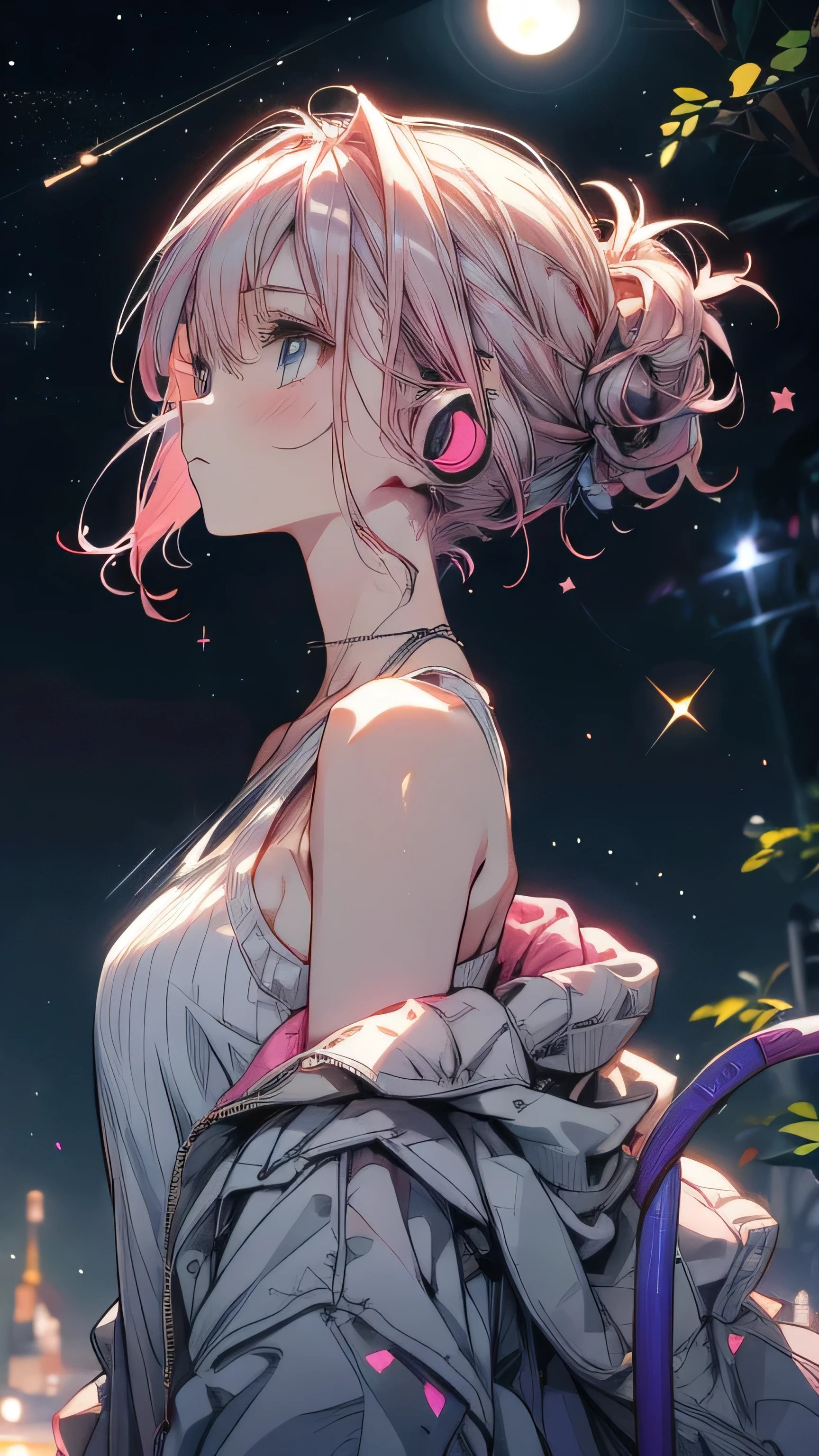 Pink Hair，Wearing a white tank top,Light clothing in summer，night starry sky background，Sad expression，Double Tail,headphone,night,moon,Star,meteor,Looking up at the stars,Full moon,Many Stars,milky way