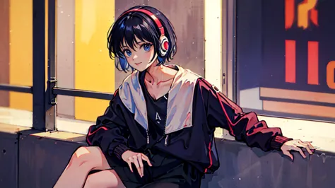 black short hair, night, black jacket, one woman, street, headphone, cyber city, delicate background、masterpiece