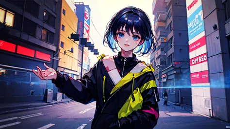 black short hair, night, black jacket, one woman, street, headphone, cyber punk city, delicate background、masterpiece