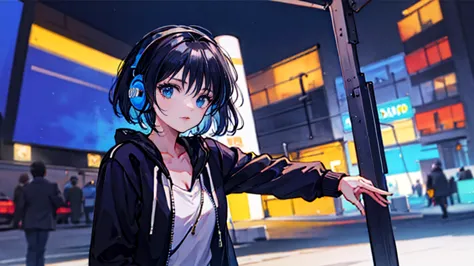 black short hair, night, black jacket, one woman, street, headphone, cyber punk city, delicate background、masterpiece