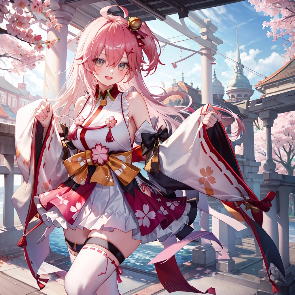 masterpiece, best quality, highres, miko1, sakura_miko, 1girl, big_boobs, solo, ahoge, x_hair_ornament, pink_hair, floral print, hairclip,(side_less_clothes:1.5), (side_boobs:1.5), hair_bell, floral print, long_hair, hair between eyes, one side up, white thighhighs, asymmetrical legwear, wide sleeves, open_mouth,(happy:1.3),gleen_eyes,big_smile,(rise_leg:1.3),plump,apart_legs,(overly_long_sleeves:1.3),),sleeves_past_wrists,hands_hidden_sleeves,sidelock_clothes,dynamic_posing,solo,hidden_wrists,(XD:1.4),covered_nipples,sunlight,cherryblossom_background,