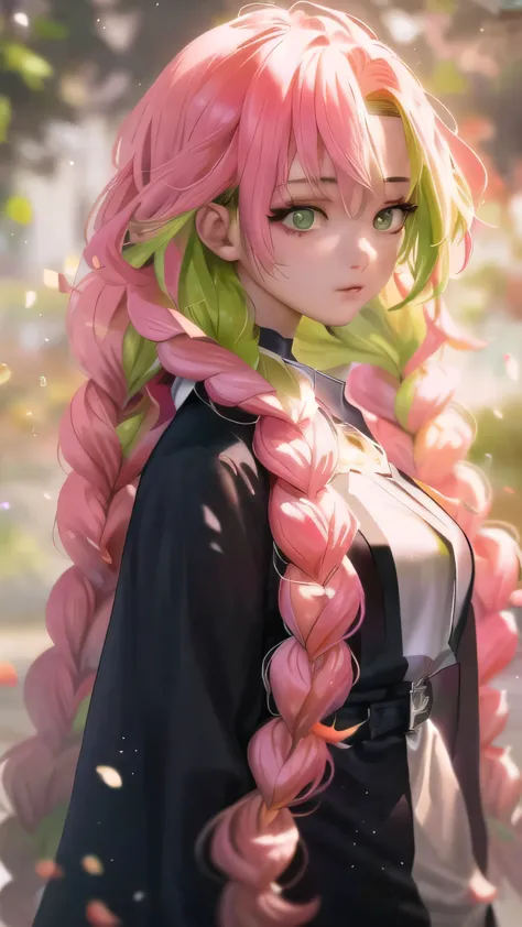 Green eyes, close-up of a person with long pink hair and green scarf, beautiful anime portrait, detailed digital anime art, anim...