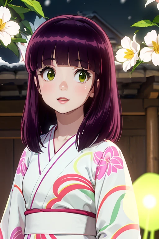 Highly detailed CG Unity 8k wallpaper, Cute One Lady, Mature hair、Lady ,beautiful Lady, Pale skin (super masterpiece, Beautiful person, Very short stature，well detailed face polluted smile, Realistic, Surreal), Colorful summer kimono in pink and white、Japanese style hair accessories、smile、Japanese background with pale pink flowers and snow、(Standard eyes)、(Glowing Skin:1.7)、fine grain、Big eyes、Open your mouth、Hide your arms、(shinobu miyake, Long Hair, bangs, Purple Hair, (Green Eyes:1.5)),