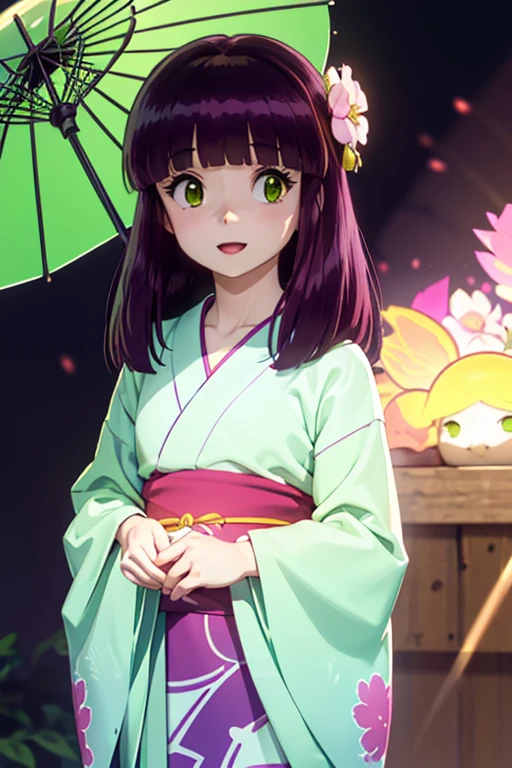 Highly detailed CG Unity 8k wallpaper, Cute One Lady, Mature hair、Lady ,beautiful Lady, Pale skin (super masterpiece, Beautiful person, Very short stature，well detailed face polluted smile, Realistic, Surreal), Colorful summer kimono in pink and white、Japanese style hair accessories、smile、Japanese background with pale pink flowers and snow、(Standard eyes)、(Glowing Skin:1.7)、fine grain、Big eyes、Open your mouth、Hide your arms、(shinobu miyake, Long Hair, bangs, Purple Hair, (Green Eyes:1.5)),