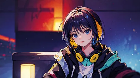 black short hair, night, black jacket, girl looking to the side、 headphone, cyber punk city, delicate background、masterpiece