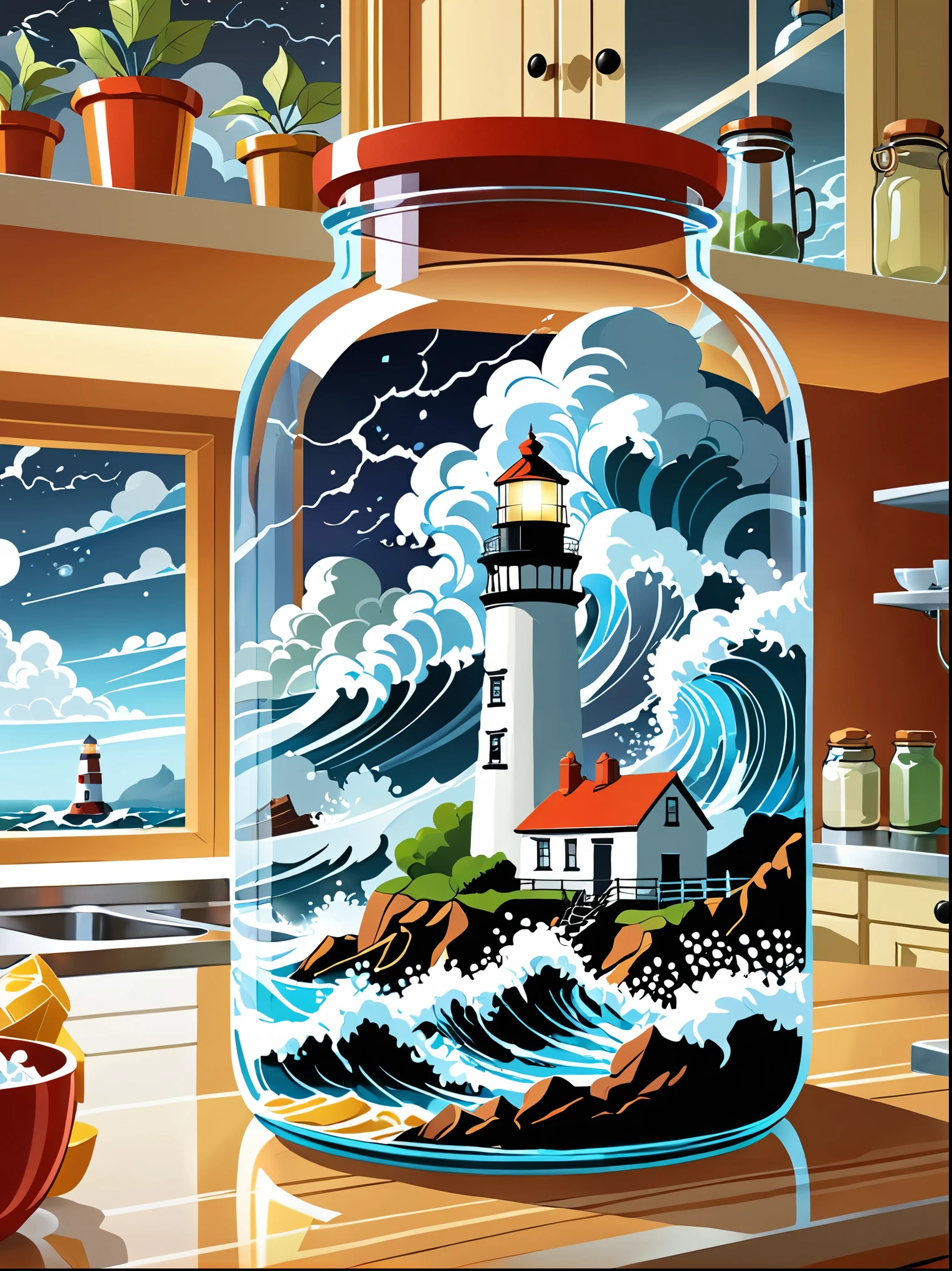 (flat, user interface vector style), (world in a bottle), Breathtaking epic scenes，Optical illusion of a lighthouse in a storm，Thunderstorm，(Inside the glass jar), Glass jars on the kitchen counter，Ray Tracing，Awe，Swirling mist，Awe，mystery，Jay Anacleto&#39;s style，Bokeh，The award-winning，major，Highly detailed，1pzsj1