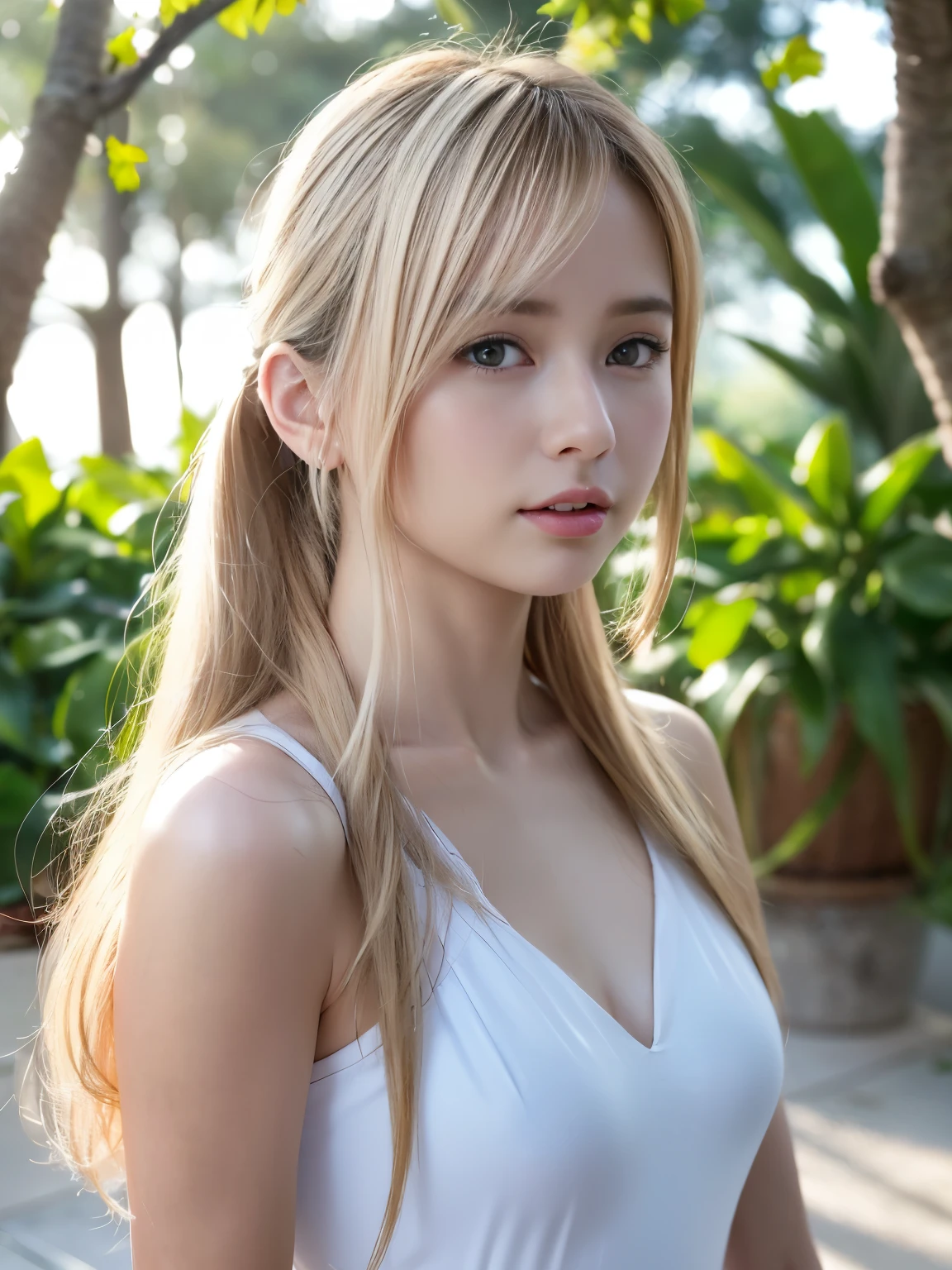 RAW photos, ((((Portrait of extreme beauty))), (((Radiant white beautiful skin)), 1 girl, 14-year-old pretty beautiful girl, ((blonde of bright various colors with glossy)), disheveled hair, hair hanging in front of the face and clinging, [Attractive whitish blue eyes], silky fine hair, ponytail, eyeliner, bangs, hair between the eyes, fluttering hair, a little smile, ((masterpiece, top quality, Ultra detail, film light, complex detail, high resolution, 8k, very detail)), detailed background, 8k uhd, dslr, soft light, high quality, film grain, fujifilm XT3, shallow depth of field, natural light, (perfect hands), sexy and perfect beautiful face, small breasts, , sheer sailor suit