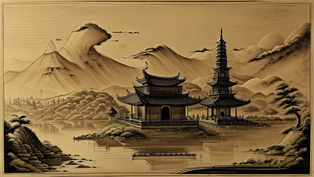 Ink painting with a dragon in the background and a pagoda and landscape