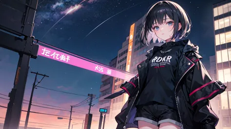 black short hair, night, black jacket, girl&#39;s profile, upper body only、headphone, cyber punk city, delicate background、maste...