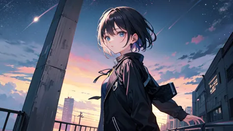 black short hair, night, black jacket, girl&#39;s profile, upper body only、headphone, cyber punk city, delicate background、maste...