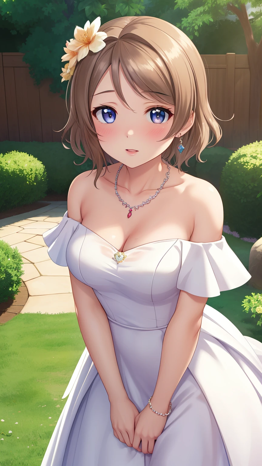 (Masterpiece), 8k wallpaper, solo, Watanabe you, game cg, beautiful detailed face and eyes, perfect anatomy, standing, outside, blush, glossy lips, wedding dress, off the shoulder, necklace, jewelry, garden