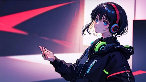 black short hair, night, black jacket, girl looking to the side、 headphone, cyber punk city, delicate background、masterpiece