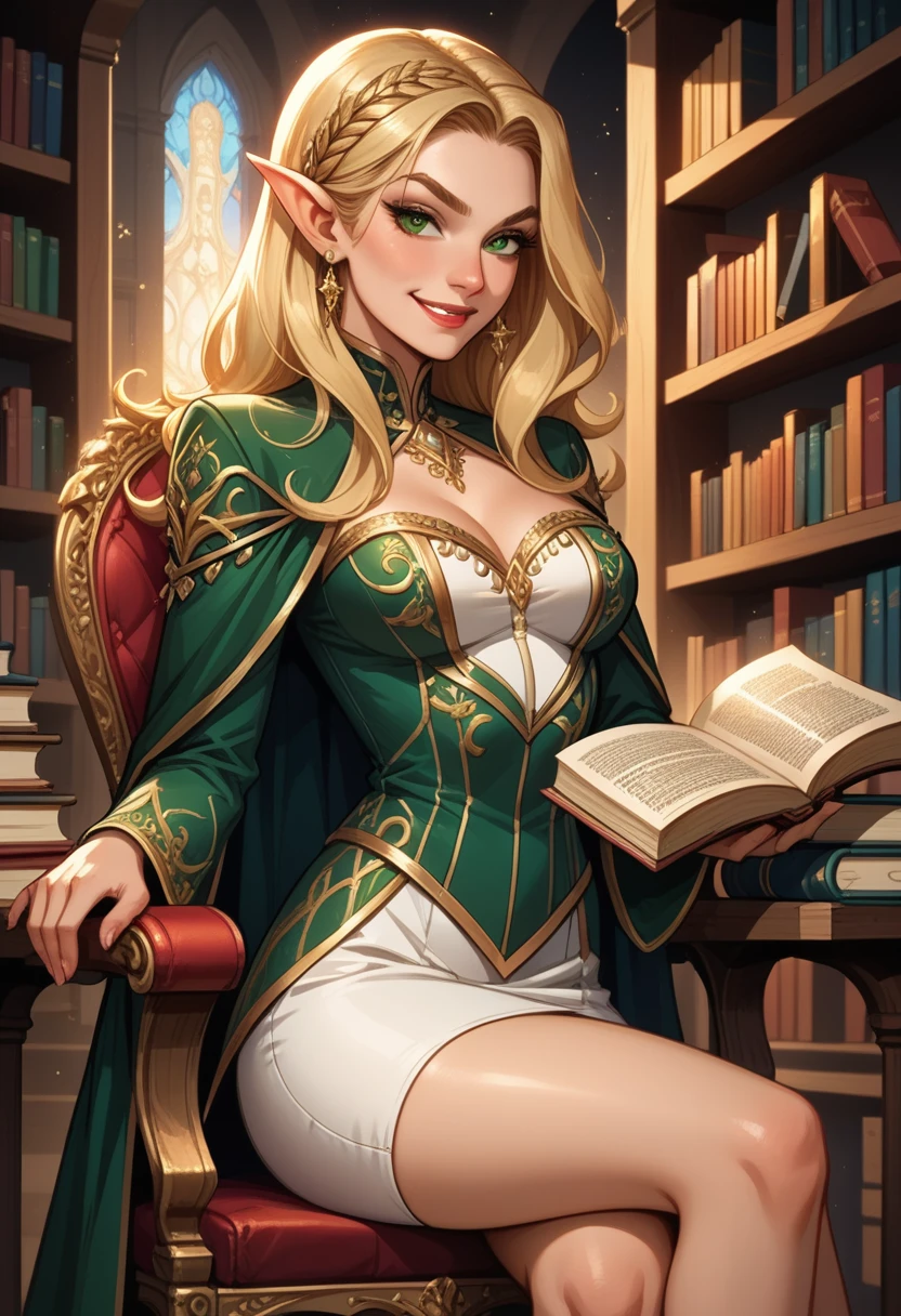 (((Masterpiece, highest quality, high definition, high detail)))), one, ((fantasy)))), (elf woman)))), (white short skirt with gold embroidery), (blonde long straight hair), (glossy dark green eyes), (green surcoat with gold embroidery), big, (((National Library of the royal capital)), (A large space with a lot of books)), sit in a chair and read a book , Particles of light flying, smirk, sultry look, seductive,  seductive,  sultry look, seductive,  smirk, , inviting smile, 