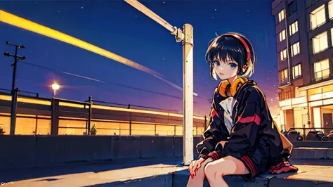 black short hair, night, black jacket, one woman, street, crouch down、headphones