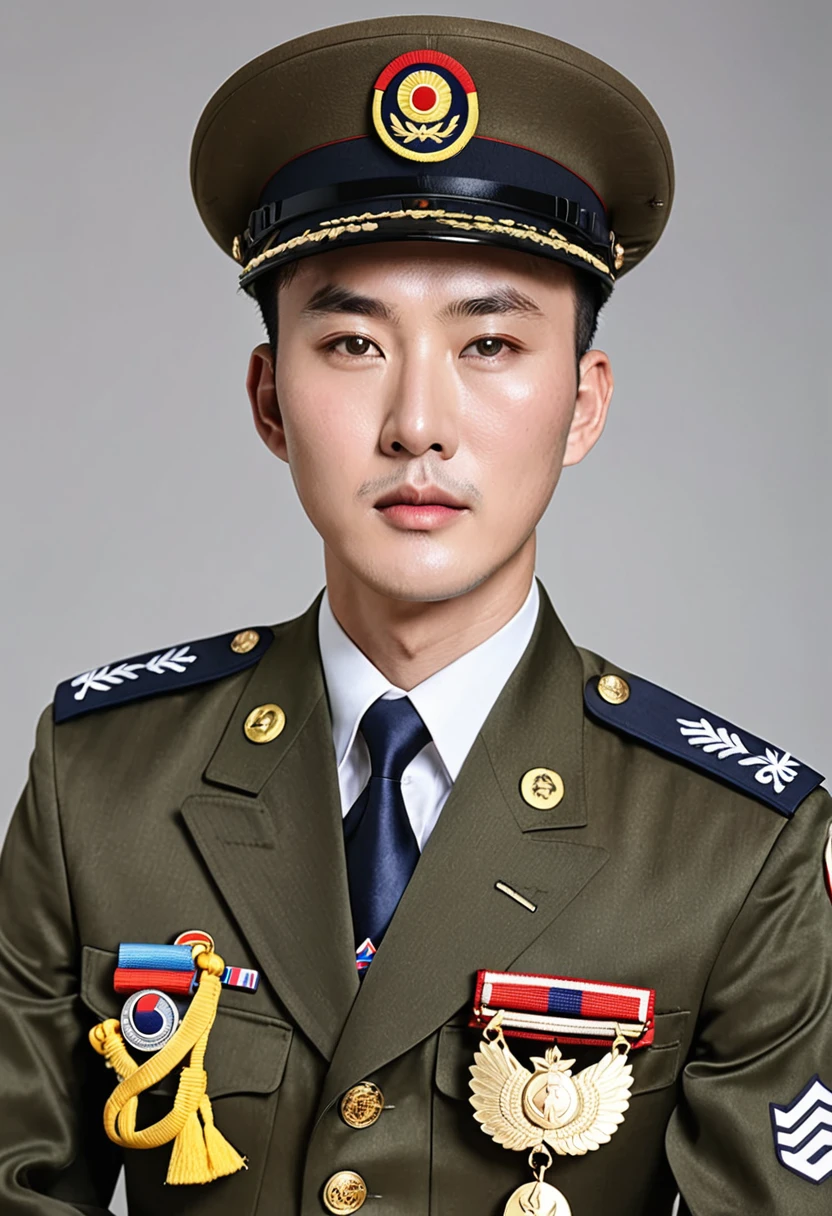 Wearing、Arafu man wearing medal and tie, Portraits inspired by Kim Hwan-gi, shutter, The art of math, wearing military uniform, wearing a military uniform, in military uniform, Official photos, Korean male, Wearing full military uniform, Official, military uniform, Who is Shi Yu?, 穿着military uniform, Official photo, military uniform