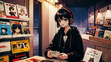 black short hair, night, black jacket, one woman, record shop, headphones