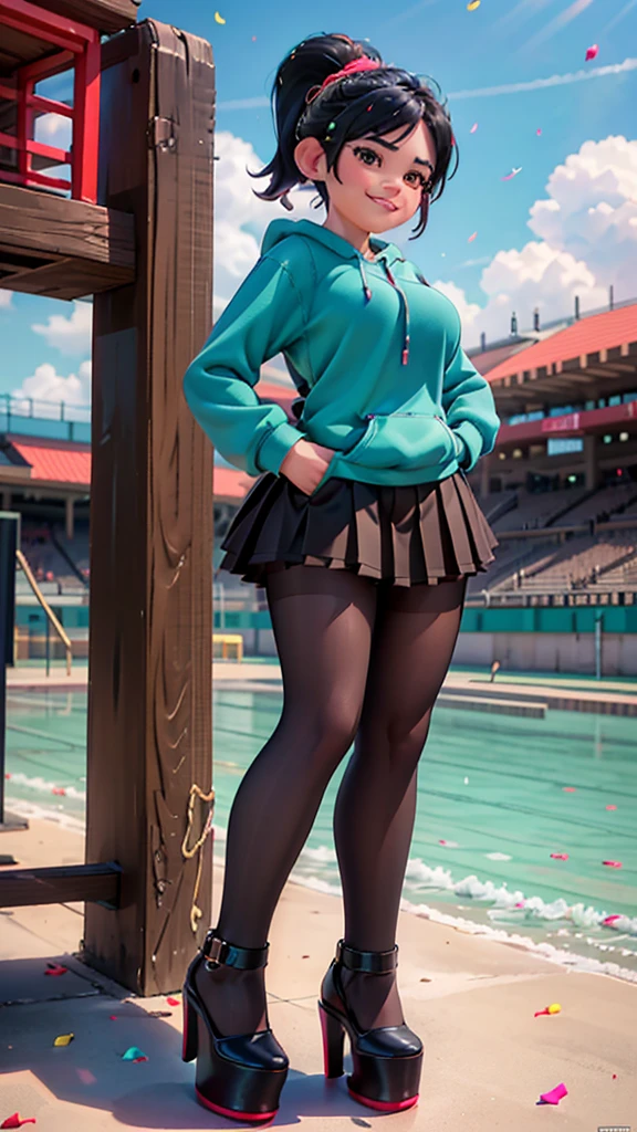 [Wreck_It_Ralph_Movie], ((masterpiece)), ((high quality)), ((HD)), ((beautiful portrait)), ((front view)), ((full body)), ((feet visible, open-toed tall platform high heels, platform high heels)), ((beautiful background)), {vanellope von schweetz, black hair, red scrunchy, short ponytail, (candy in hair:1.2), (cute half-closed brown eyes), adult woman, beautiful legs, curvy hips, large breasts, smug smirk, white teeth}, {(aqua sweatshirt), (brown tuffled skirt), (aqua striped pantyhose)}, {(standing on raceway), (hands in pockets), (looking at viewer)}, [Background: (racetrack), (confetti), (blue sky), (bright sun), (sun rays)]