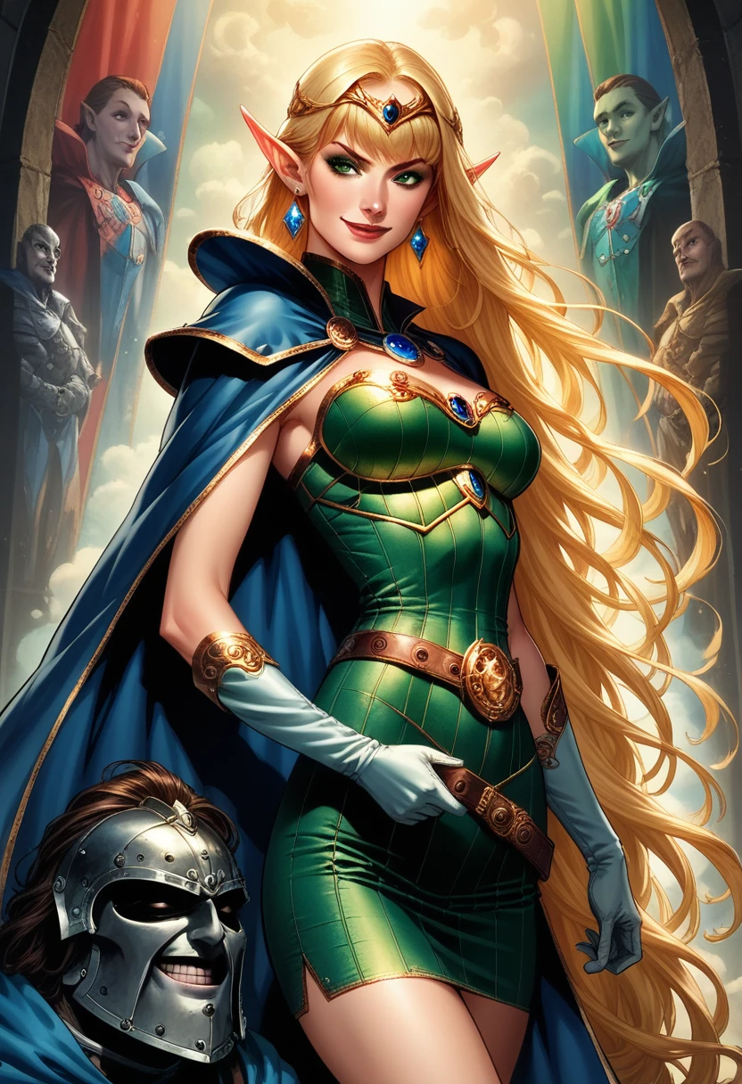 (best quality, masterpiece, colorful, dynamic angle, highest detailed)
ANI_CLASSIC_deedlit_ownwaifu, www.ownwaifu.com,
pointy ears, blonde hair, long hair, elf, circlet, green eyes, long pointy ears, very long hair, breasts, medium breasts, earrings, lips, makeup, bangs,
cape, armor, blue cape, shoulder armor, pauldrons, gloves, breastplate, belt, green dress, short dress,
(high resolution textures), (intricate details, hyperdetailed:1.15), detailed, (official art, extreme detailed, highest detailed), sultry look, seductive,  smirk, , inviting smile,