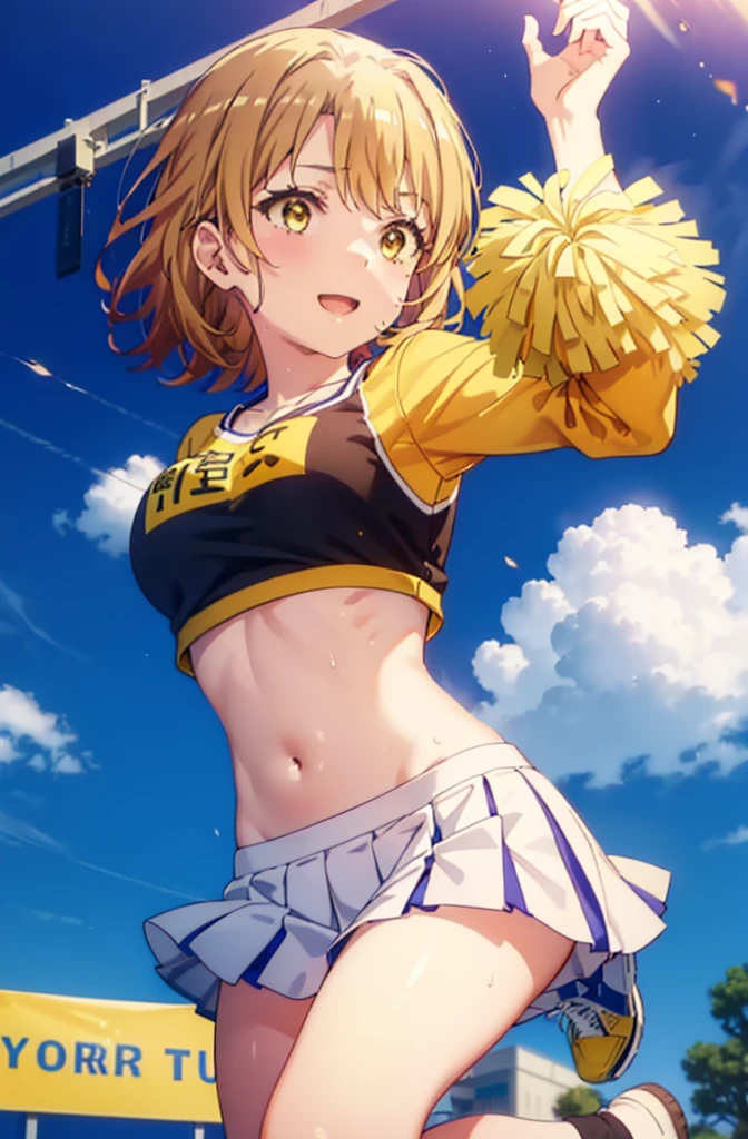 irohaisshiki, iroha isshiki, short hair, brown hair, (Brown eyes:1.5), smile,happy smile, smile, Open your mouth,(cheer leading), (whole body), Big Breasts, Lower, (Sweaty), Sweaty Wet Clothes, (Yellow clothes),No sleeve,Yellow pleated skirt,sneakers , Belly button support, playground, (Jump), (Jump), 足を曲げてJumpする, air, blue sky, Grass原, smile
チアリーダー, Pom-pom \(cheer leading\), Grass, smile, whole bodyがイラストに入るように,
break outdoors,Stadium,
break looking at viewer,whole body,
break (masterpiece:1.2), Highest quality, High resolution, unity 8k wallpaper, (shape:0.8), (Fine and beautiful eyes:1.6), Highly detailed face, Perfect lighting, Highly detailed CG, (Perfect hands, Perfect Anatomy),