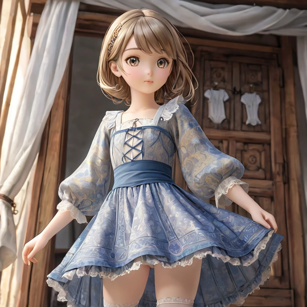 10 year old girl underwear, Realistic panties made of patterned cotton fabric, Medieval one-piece dress with panniers, Fabric Realism, Low Angle, You can see the drawer, Pull up the dress by hand, Strong winds, Translucent slip, Translucent slip, tights, Highest quality, Crotch close-up, whole body
