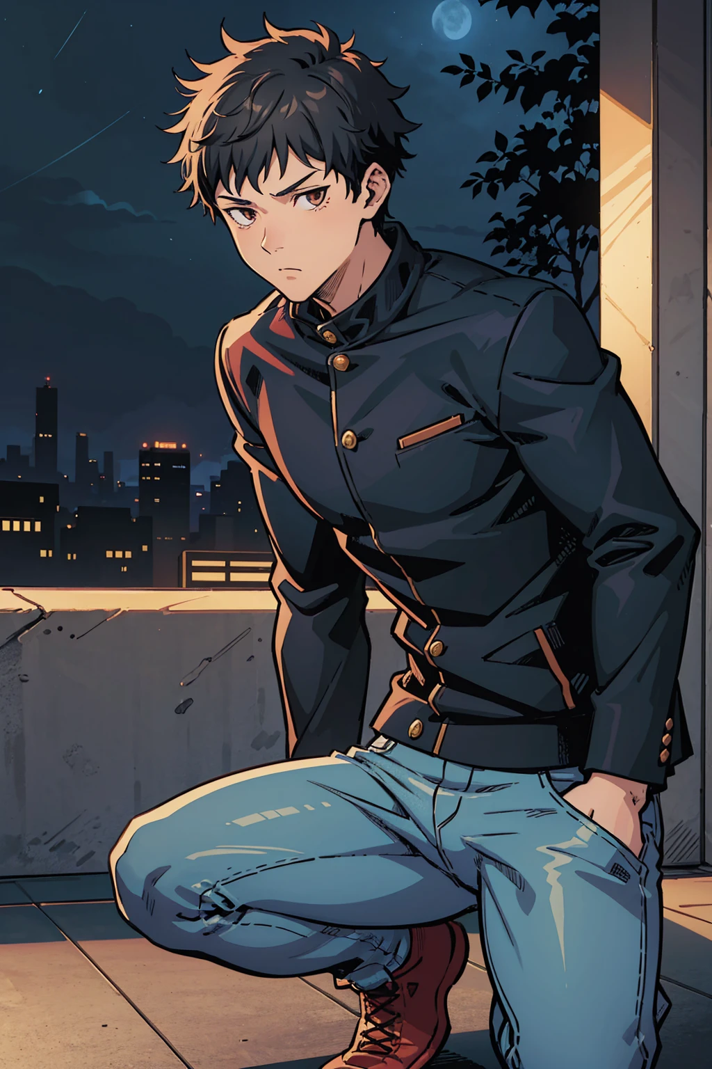 ((illustration)), (best quality)), ((masterpiece)), (detailed), ((night)), teenager, solo, 1boy, male focus, black jacket, short hair, black hair, crouching, shaggy hair, jeans,  upperbody, cityscape, lineart, thick lines, comic cover, itadori, itadori_yuuji,