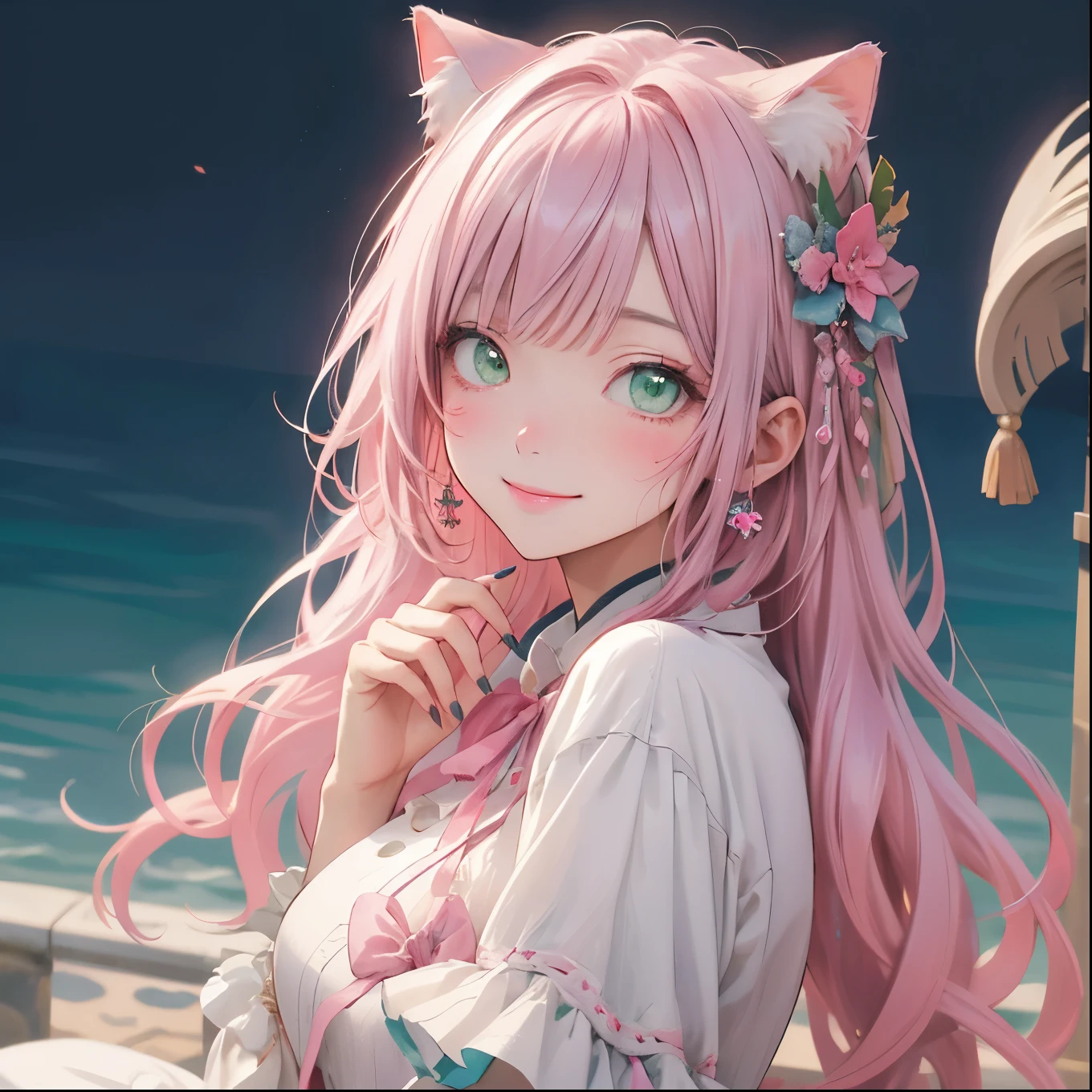 (masterpiece), highest quality, Ultra-high resolution,Cat with pink ribbon、Pink Hair、Green Eyes、White clothes、Apply nail polish、smile、lame、Background sea、Easygoing、kind、beautiful