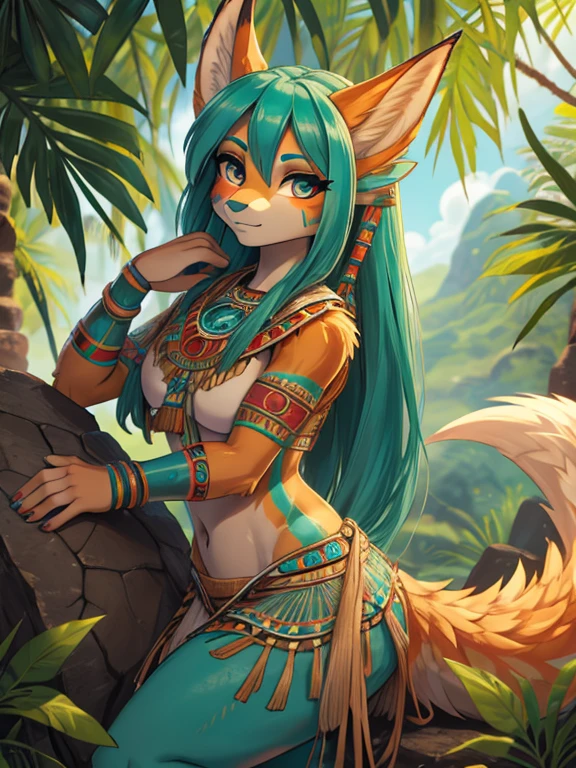 Miku Hatsune,Arabic, piel bronceada, alta definicion, orejas de kitsune, tatuaje tribal, prehispanic clothes, mayan gir, piramid maya landscape, jungle