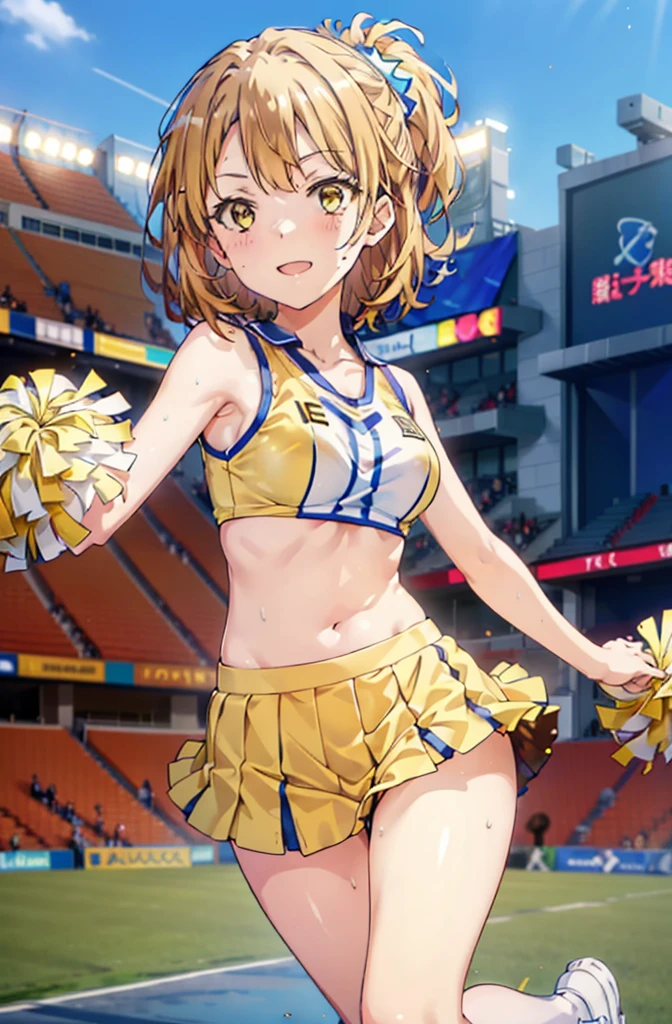 irohaisshiki, iroha isshiki, short hair, brown hair, (Brown eyes:1.5), smile,happy smile, smile, Open your mouth,(cheer leading), (whole body), Big Breasts, Lower, (Sweaty), Sweaty Wet Clothes, (Yellow clothes),No sleeve,Yellow pleated skirt,sneakers , Belly button support, playground, (Jump), (Jump), 足を曲げてJumpする, air, blue sky, Grass原, smile
チアリーダー, Pom-pom \(cheer leading\), Grass, smile, whole bodyがイラストに入るように,
break outdoors,Stadium,
break looking at viewer,whole body,
break (masterpiece:1.2), Highest quality, High resolution, unity 8k wallpaper, (shape:0.8), (Fine and beautiful eyes:1.6), Highly detailed face, Perfect lighting, Highly detailed CG, (Perfect hands, Perfect Anatomy),