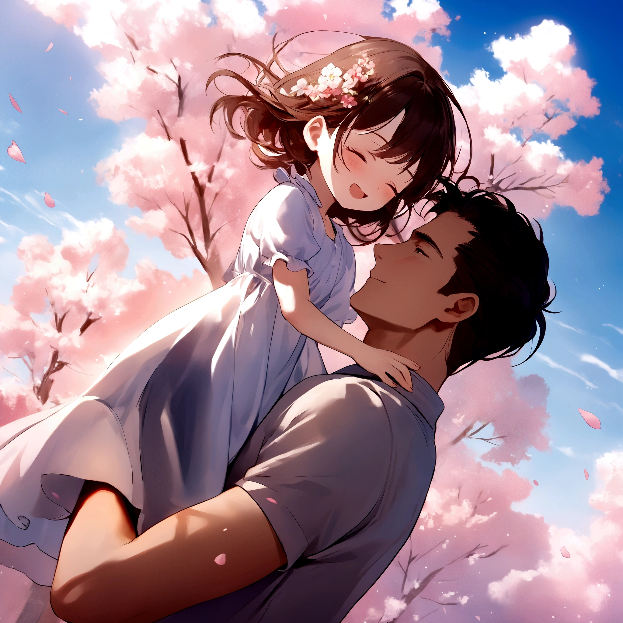 male\(young, energetic, dark hair,eyes closed with smile, mouth open, blue short-sleeved polo shirt, brown pants\) is (holding child:1.5) over the clothes,(you can see males hand:1.5), park, many petals dancing in air, colorful flowers in bloom, beautiful blue sky, beautiful clouds, BREAK ,quality\(8k,wallpaper of extremely detailed CG unit, ​masterpiece,hight resolution,top-quality,top-quality real texture skin,hyper realisitic,increase the resolution,RAW photos,best qualtiy,highly detailed,the wallpaper,cinematic lighting,ray trace,golden ratio\),[nsfw],dynamic angle,[nsfw],flom below