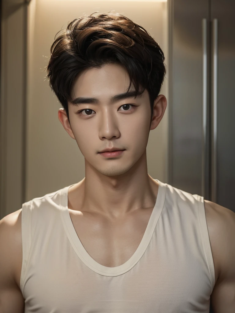 Best quality, High quality, A high resolution, 4K, Masterpiece, detailed face, handsome 29 year old korean man, tank top, he is now at home