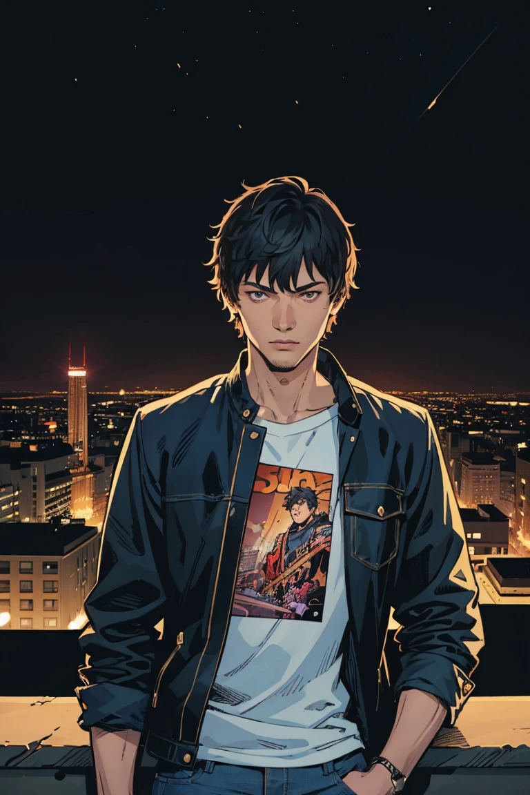 ((illustration)), (best quality)), ((masterpiece)), (detailed), ((night)), teenager, solo, 1boy, male focus, black jacket, short hair, black hair, shaggy hair, jeans,  upperbody, cityscape, lineart, thick lines, comic cover, itadori, itadori_yuuji,