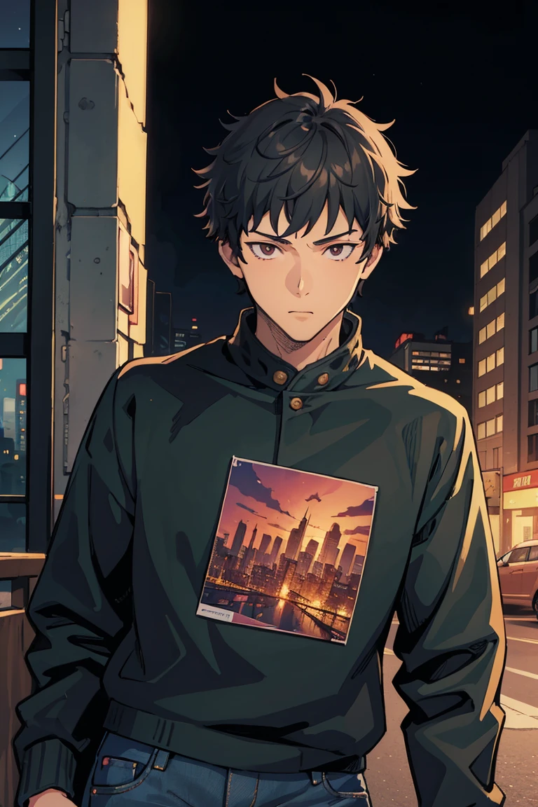 ((illustration)), (best quality)), ((masterpiece)), (detailed), ((night)), teenager, solo, 1boy, male focus, black jacket, short hair, black hair, shaggy hair, jeans,  upperbody, cityscape, lineart, thick lines, comic cover, itadori, itadori_yuuji, shirt,