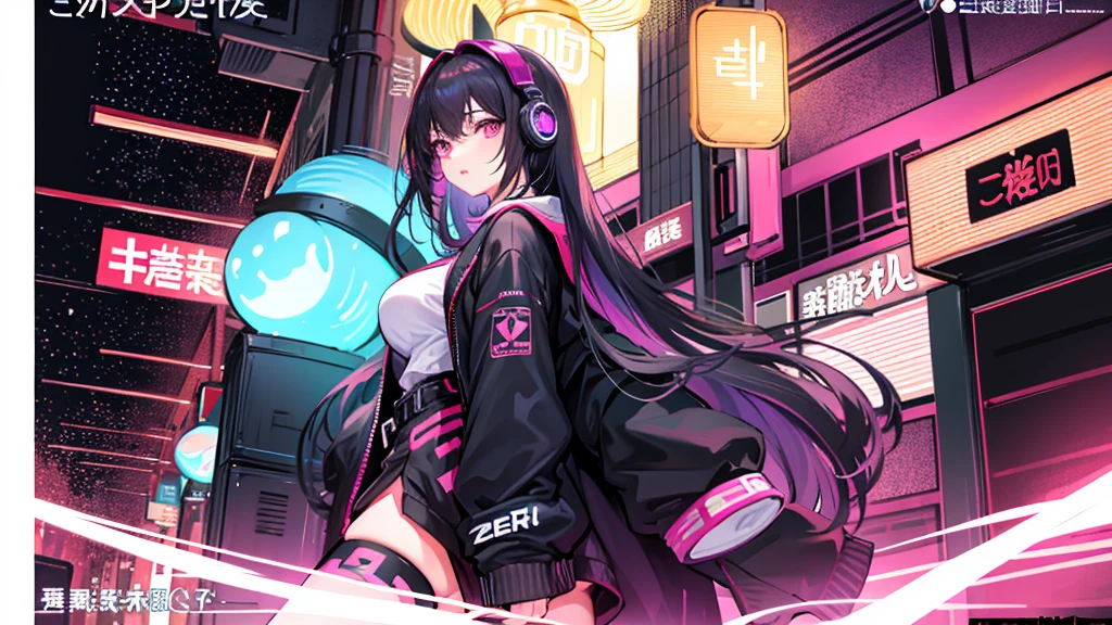 masterpiece,Anime-style illustration showing a young woman in her 20s wearing a futuristic plunging outfit, facing right, Stand in the middle of the street in a cyberpunk nightlife district. sheピンクがかった黒髪の長い髪を持っています、Wearing pink glowing headphones. big breasts、she&#39;You&#39;re still looking up at the starry sky, but、Her gaze and body are directed towards the right side of the frame.. The scene should be lively, Reflects a cyberpunk aesthetic, Neon lights and futuristic buildings surround her.. The hustle and bustle of the city continues, but、she&#39;peace in the midst of chaos, Immerse yourself in the sights and sounds of the night. In the image、Must capture the calm sky above and the vibrant urban environment。, Highlighting she&#39;s new direction.
