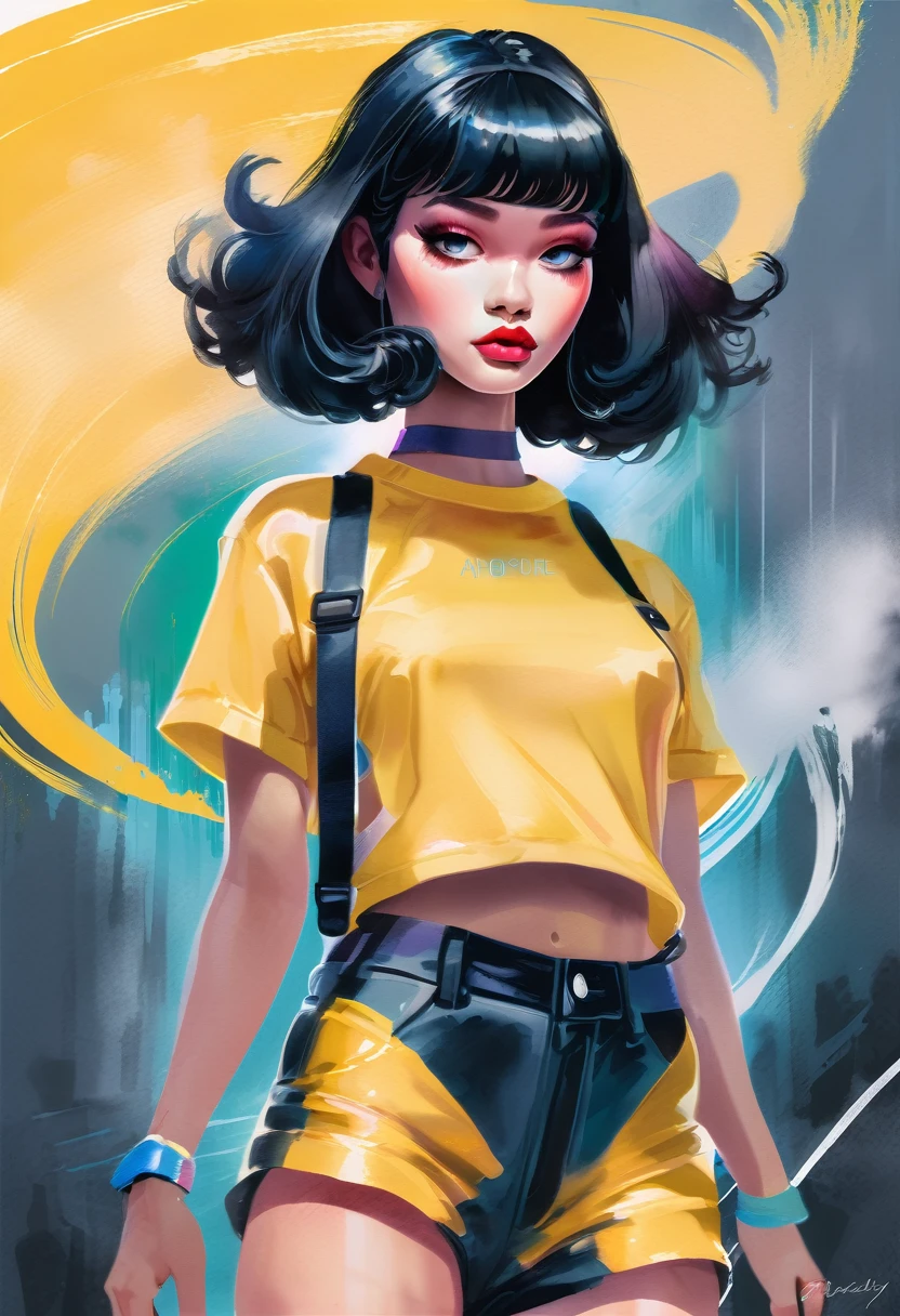 Fantasy digital watercolor painting, Photoshop Watercolor Brushes, One girl, Beauty, sneakers, whole body, [:formal, High ,:0.2], Official Art, Black Hair, Retro Wave,Ahoge, Dramatic lighting from below, Bomb Hair, Neon Goldenrod Hair, Reverse Bob, 