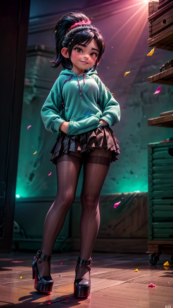 [Wreck_It_Ralph_Movie], ((masterpiece)), ((high quality)), ((HD)), ((beautiful portrait)), ((front view)), ((full body)), ((feet visible, visible feet, highly detailed feet, open-toed tall platform high heels, platform high heels)), ((beautiful background)), {vanellope von schweetz, black hair, red scrunchy, short ponytail, (candy in hair:1.2), (cute half-closed brown eyes), adult woman, beautiful legs, curvy hips, side-boobs, nsfw, smug smirk, white teeth}, {(aqua sweatshirt), (brown tuffled skirt), (aqua striped pantyhose)}, {(standing on raceway), (hands in pockets), (looking at viewer)}, [Background: (racetrack), (confetti), (blue sky), (bright sun), (sun rays)]