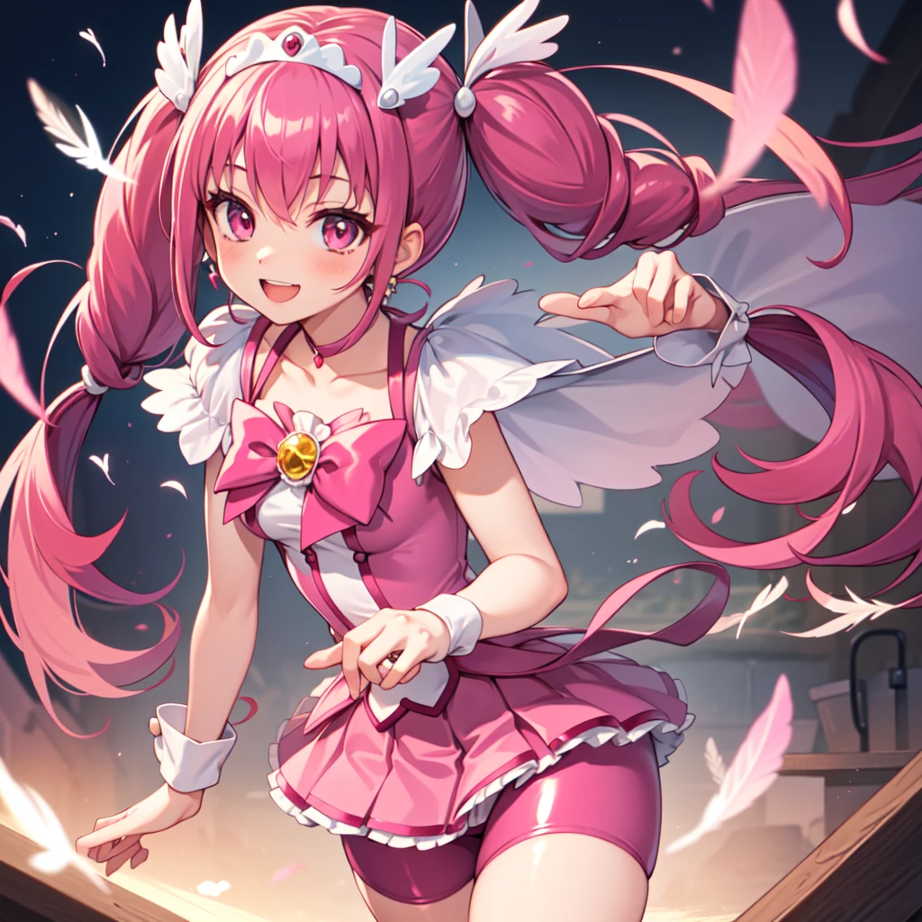 Highest quality, Super detailed, masterpiece, anime, One Girl, alone, Cure happiness, Pink Hair, (Large curls and low twin tails), Feather hair ornament, skirt. tiara, Wrist cuff, (Pink shorts), Pink shorts under skirt, boots, Smile, (Shiny fabric), Cowboy Shot, Pink Gemstones, Are standing, blush, (Beautiful fine details), Highly detailed face, Perfect lighting, Highly detailed CG, (Perfect hands, Perfect Anatomy), Shiny material, Pink ribbon, jewelry, Latex gloss,