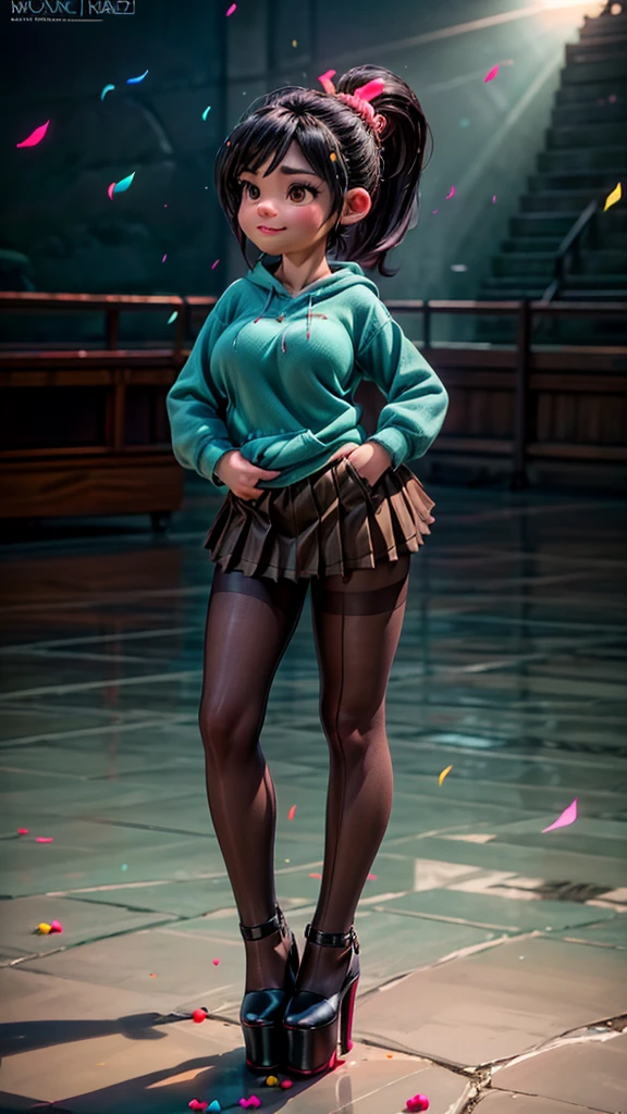 [Wreck_It_Ralph_Movie], ((masterpiece)), ((high quality)), ((HD)), ((beautiful portrait)), ((front view)), ((full body)), ((feet visible, visible feet, highly detailed feet, open-toed tall platform high heels, platform high heels)), ((beautiful background)), {vanellope von schweetz, black hair, red scrunchy, short ponytail, (candy in hair:1.2), (cute half-closed brown eyes), adult woman, beautiful legs, curvy hips, side-boobs, smug smirk, white teeth}, {(aqua sweatshirt), (brown tuffled skirt), (aqua striped pantyhose)}, {(standing on raceway), (hands in pockets), (looking at viewer)}, [Background: (racetrack), (confetti), (blue sky), (bright sun), (sun rays)]