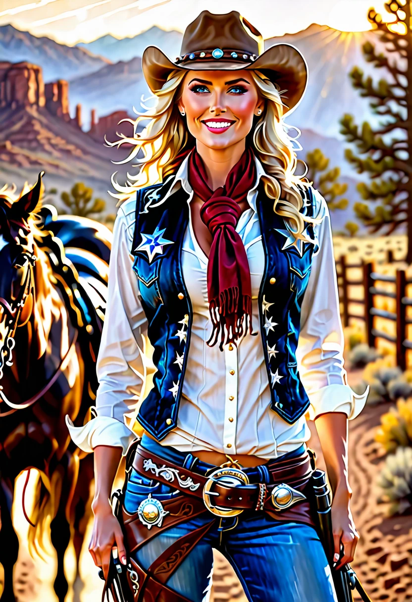 (high quality, high resolution, 8k), detailed oil painting, (1 woman, cowgirl, gunslinger, beautiful brunette with blue eyes, seductive, perfect anatomy, full body, flowing blonde hair, looking at the viewer, wide and seductive smile , with leather vest, white shirt with large neckline, shirt tied at the waist with a knot, low-cut shirt, cowboy belt with silver buckle, jeans, cowboy boots with shiny spurs, 2 revolvers on the waist, holding a Winchester 44 shotgun, star sheriff on his chest, scarf wrapped around his neck), (a black horse, thoroughbred horse, indomitable stallion rearing on two legs, skittish horse, noose tied to the saddle), (old west setting, golden hour, sun rays , beautiful landscape of the old west, leaving a large trail of dust)