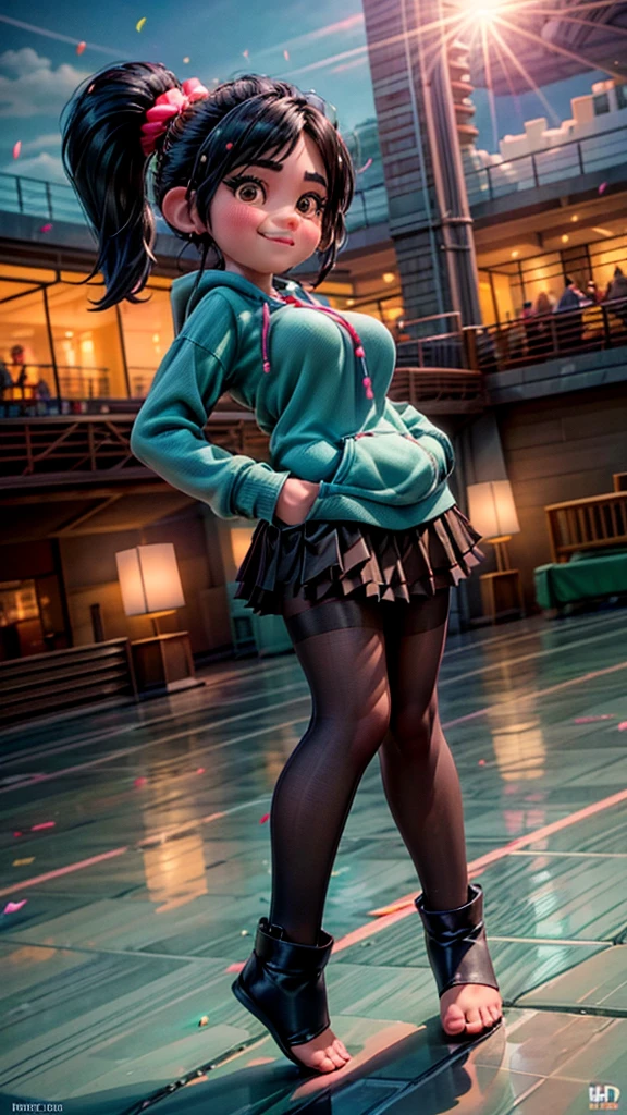 [Wreck_It_Ralph_Movie], ((masterpiece)), ((high quality)), ((HD)), ((beautiful portrait)), ((front view)), ((full body)), ((feet visible, visible feet, highly detailed feet, barefoot)), ((beautiful background)), {vanellope von schweetz, black hair, red scrunchy, short ponytail, (candy in hair:1.2), (cute half-closed brown eyes), adult woman, beautiful legs, curvy hips, side-boobs, smug smirk, white teeth}, {(aqua sweatshirt), (brown tuffled skirt), (aqua striped pantyhose)}, {(standing on raceway), (hands in pockets), (looking at viewer)}, [Background: (racetrack), (confetti), (blue sky), (bright sun), (sun rays)]