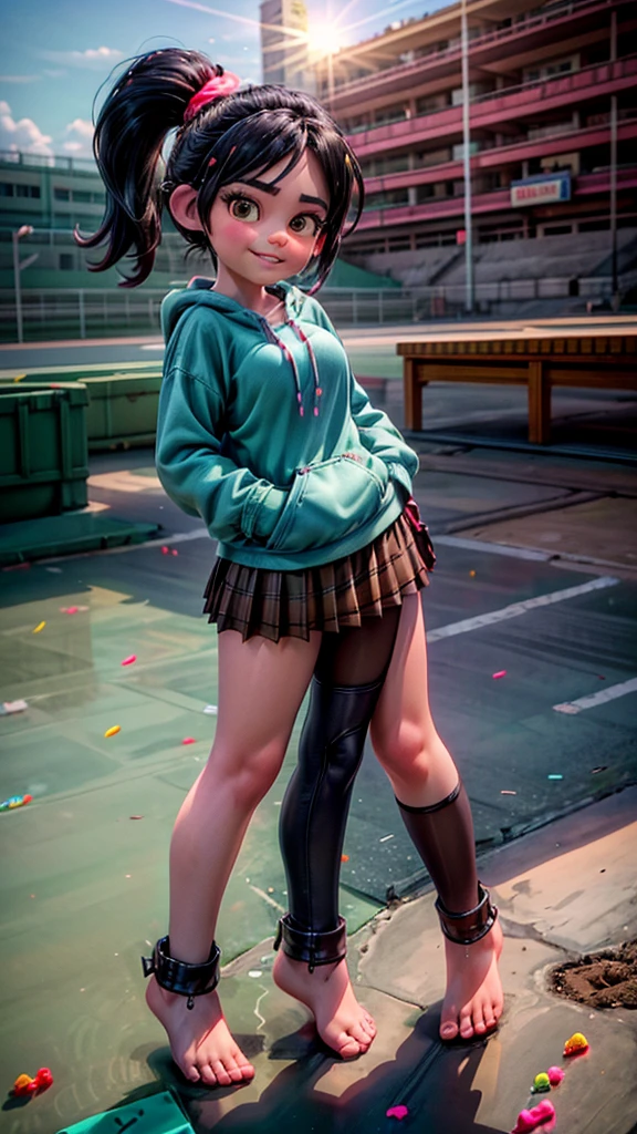 [Wreck_It_Ralph_Movie], ((masterpiece)), ((high quality)), ((HD)), ((beautiful portrait)), ((front view)), ((full body)), ((feet visible, visible feet, highly detailed feet, barefoot)), ((beautiful background)), {vanellope von schweetz, black hair, red scrunchy, short ponytail, (candy in hair:1.2), (cute half-closed brown eyes), adult woman, beautiful legs, curvy hips, side-boobs, smug smirk, white teeth}, {(aqua sweatshirt), (brown tuffled skirt), (aqua striped pantyhose)}, {(standing on raceway), (hands in pockets), (looking at viewer)}, [Background: (racetrack), (confetti), (blue sky), (bright sun), (sun rays)]