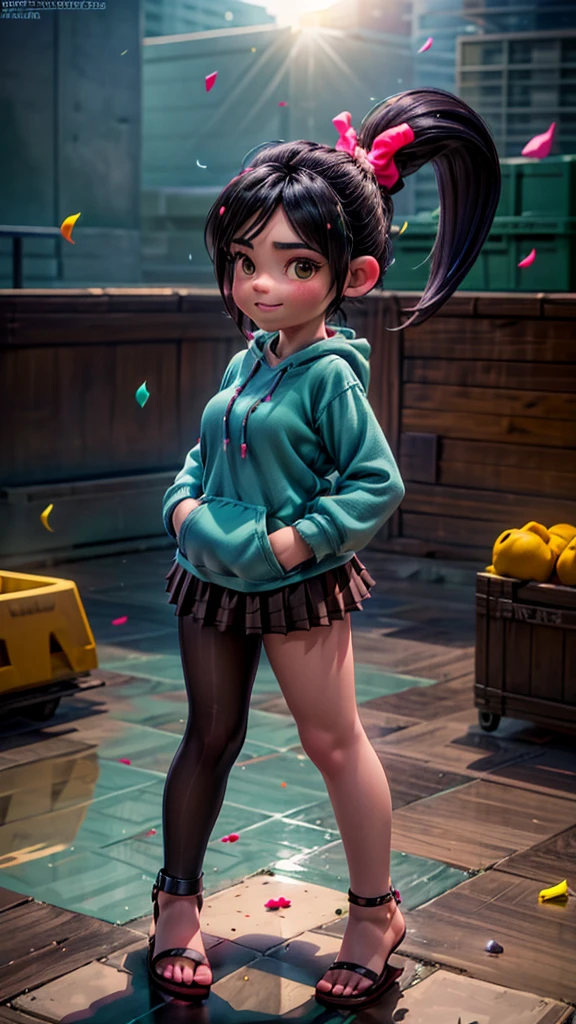 [Wreck_It_Ralph_Movie], ((masterpiece)), ((high quality)), ((HD)), ((beautiful portrait)), ((front view)), ((full body)), ((feet visible, visible feet, highly detailed feet, barefoot, sandals)), ((beautiful background)), {vanellope von schweetz, black hair, red scrunchy, short ponytail, (candy in hair:1.2), (cute half-closed brown eyes), adult woman, beautiful legs, curvy hips, side-boobs, smug smirk, white teeth}, {(aqua sweatshirt), (brown tuffled skirt), (aqua striped pantyhose)}, {(standing on raceway), (hands in pockets), (looking at viewer)}, [Background: (racetrack), (confetti), (blue sky), (bright sun), (sun rays)]