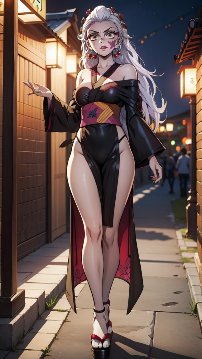 One Demon Girl, looks at the camera, portrait of a girl, beautiful waist, night, ancient japan, very sexy, grin, fangs обножены,  mouth open, fangs, smile, White hair, erotica, very sexy, beautiful body is completely visible, masterpiece, Best quality, full length (Full body 1.1.), beautiful waist, good feet, high quality, long hair, White hair.  Highly detailed face, depth of field, HDR, very detailed, ray tracing, whole body, dark fantasy, Demon&#39;s tattoo, very beautiful, Beautiful ., 1 girl, solo, I look at the viewer, black hair, hair ornament, jewelry, closed mouth, green eyes, yellow eyes, japanese clothing, kimono, draw up, pomade, slit pupils, sparkling eyes, wicked, Red lips, hair stick