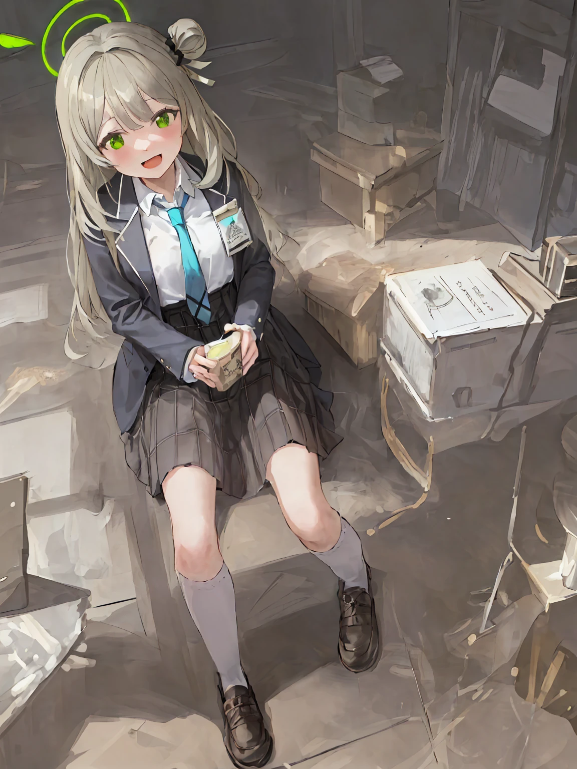 (masterpiece:1.2), best quality, highres, original, (extremely detailed:1.2), ultra-detailed, wallpaper, perfect lighting,(extremely detailed CG:1.2), 8k, anime illustration, 1girl, solo, nonomi \(blue archive\), (open the mouth, laughing, happy:1.2), school uniform, plaid skirt, (peace sign:1.1), close-up, standing, (anatomically correct:1.4)