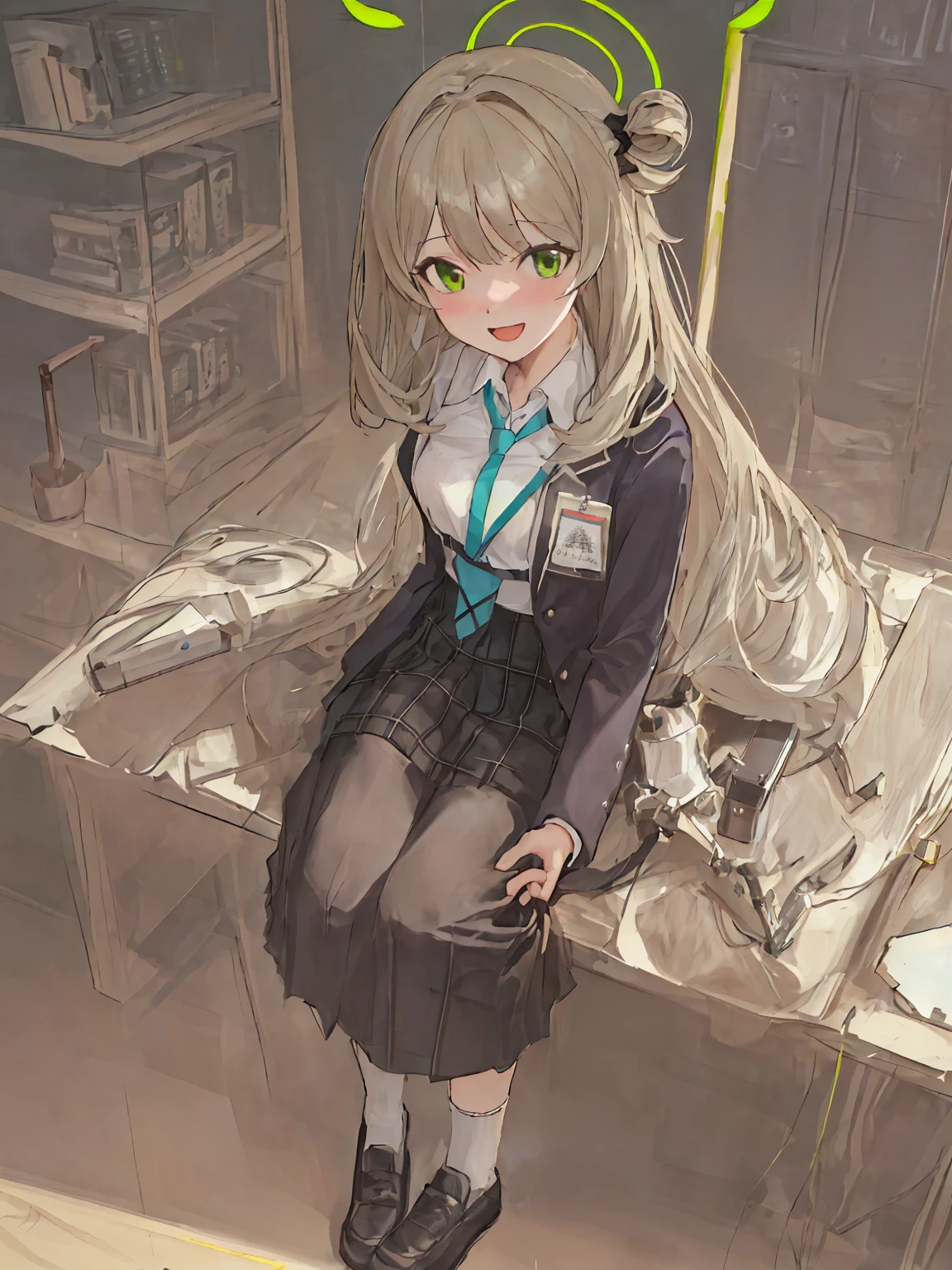 (masterpiece:1.2), best quality, highres, original, (extremely detailed:1.2), ultra-detailed, wallpaper, perfect lighting,(extremely detailed CG:1.2), 8k, anime illustration, 1girl, solo, nonomi \(blue archive\), (open the mouth, laughing, happy:1.2), school uniform, plaid skirt, (peace sign:1.1), close-up, standing, (anatomically correct:1.4)