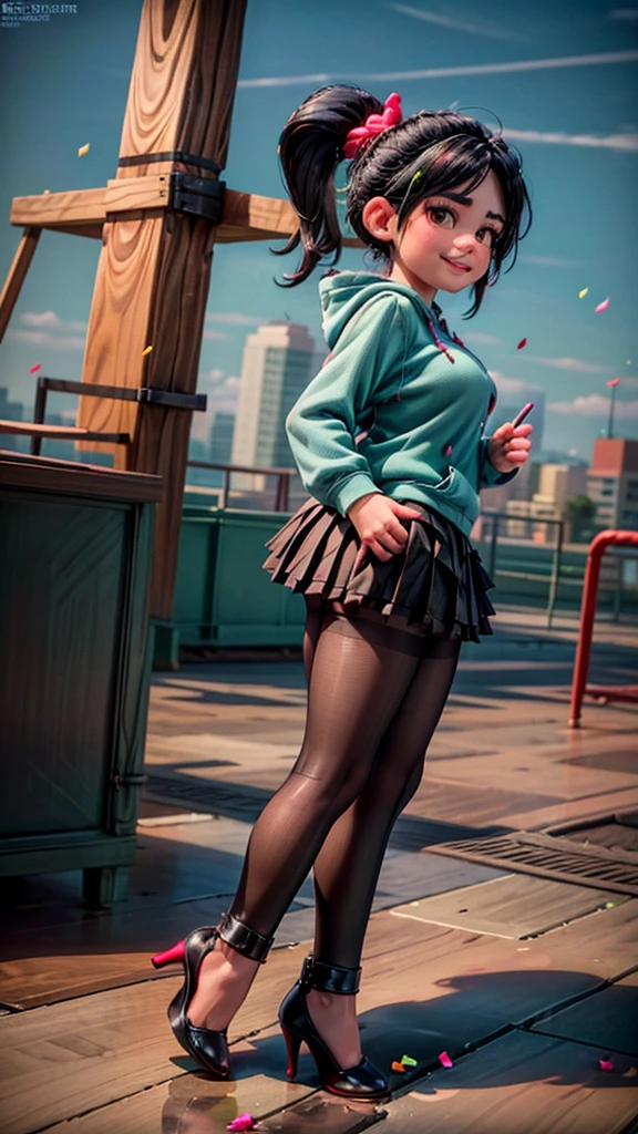 [Wreck_It_Ralph_Movie], ((masterpiece)), ((high quality)), ((HD)), ((beautiful portrait)), ((front view)), ((full body)), ((feet visible, visible feet, highly detailed feet, barefoot, high heels)), ((beautiful background)), {vanellope von schweetz, black hair, red scrunchy, short ponytail, (candy in hair:1.2), (cute half-closed brown eyes), adult woman, beautiful legs, curvy hips, side-boobs, smug smirk, white teeth}, {(aqua sweatshirt), (brown tuffled skirt), (aqua striped pantyhose)}, {(standing on raceway), (hands in pockets), (looking at viewer)}, [Background: (racetrack), (confetti), (blue sky), (bright sun), (sun rays)]