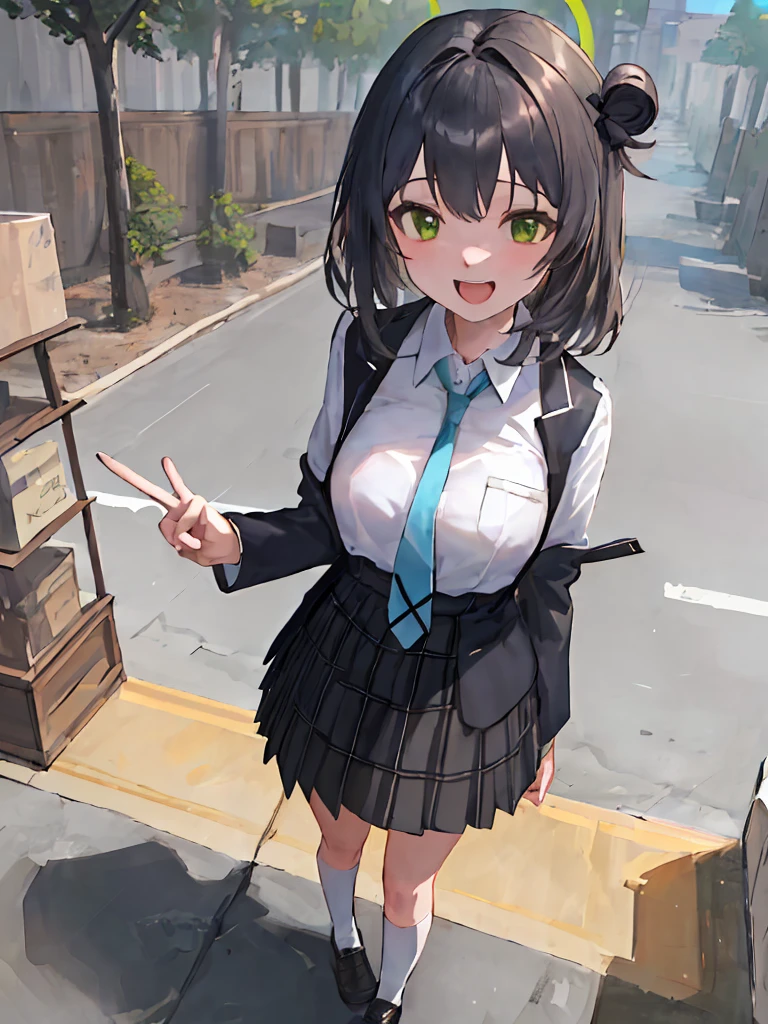 (masterpiece:1.2), best quality, highres, original, (extremely detailed:1.2), ultra-detailed, wallpaper, perfect lighting,(extremely detailed CG:1.2), 8k, anime illustration, 1girl, solo, nonomi \(blue archive\), (open the mouth, laughing, happy:1.2), school uniform, plaid skirt, (peace sign:1.1), close-up, standing, (anatomically correct:1.4)