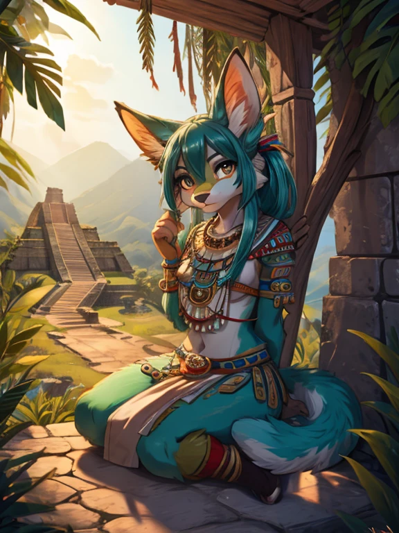 Miku Hatsune,arabe, haute définition, oreilles de kitsune, tatouage tribal, vêtements préhispaniques, entrez Maya, paysage maya pyramide, jungle