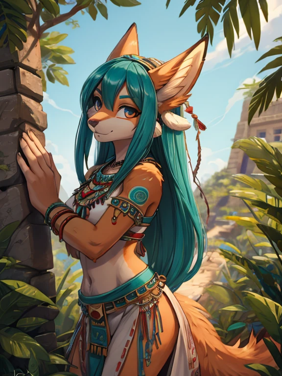 Miku Hatsune,Arábica, alta definicion, orejas de kitsune, tatuaje tribal, ropa prehispanica, entrar maya, paisaje de la pirámide maya, selva